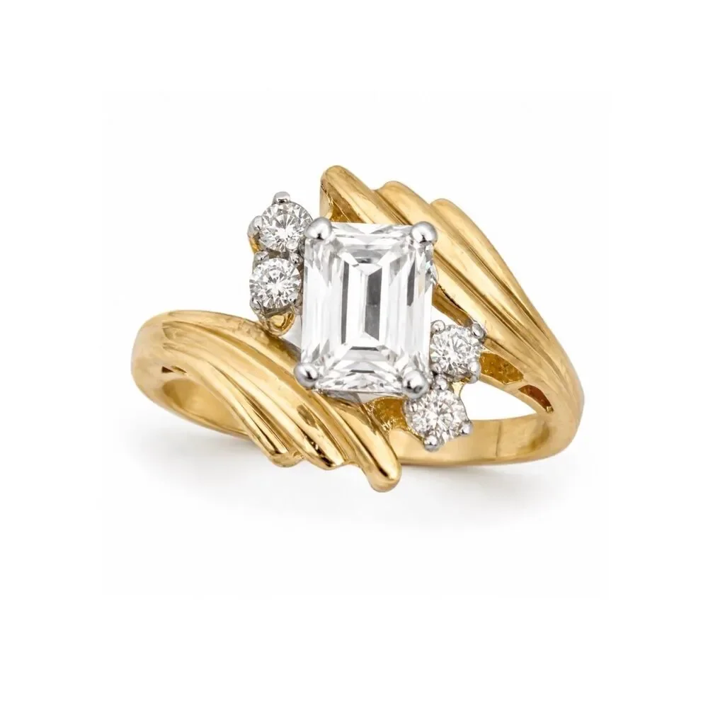 Vintage 1970s Ring Size 7 CZ Emerald Cut Solitaire Bypass Gold Plated - 14R